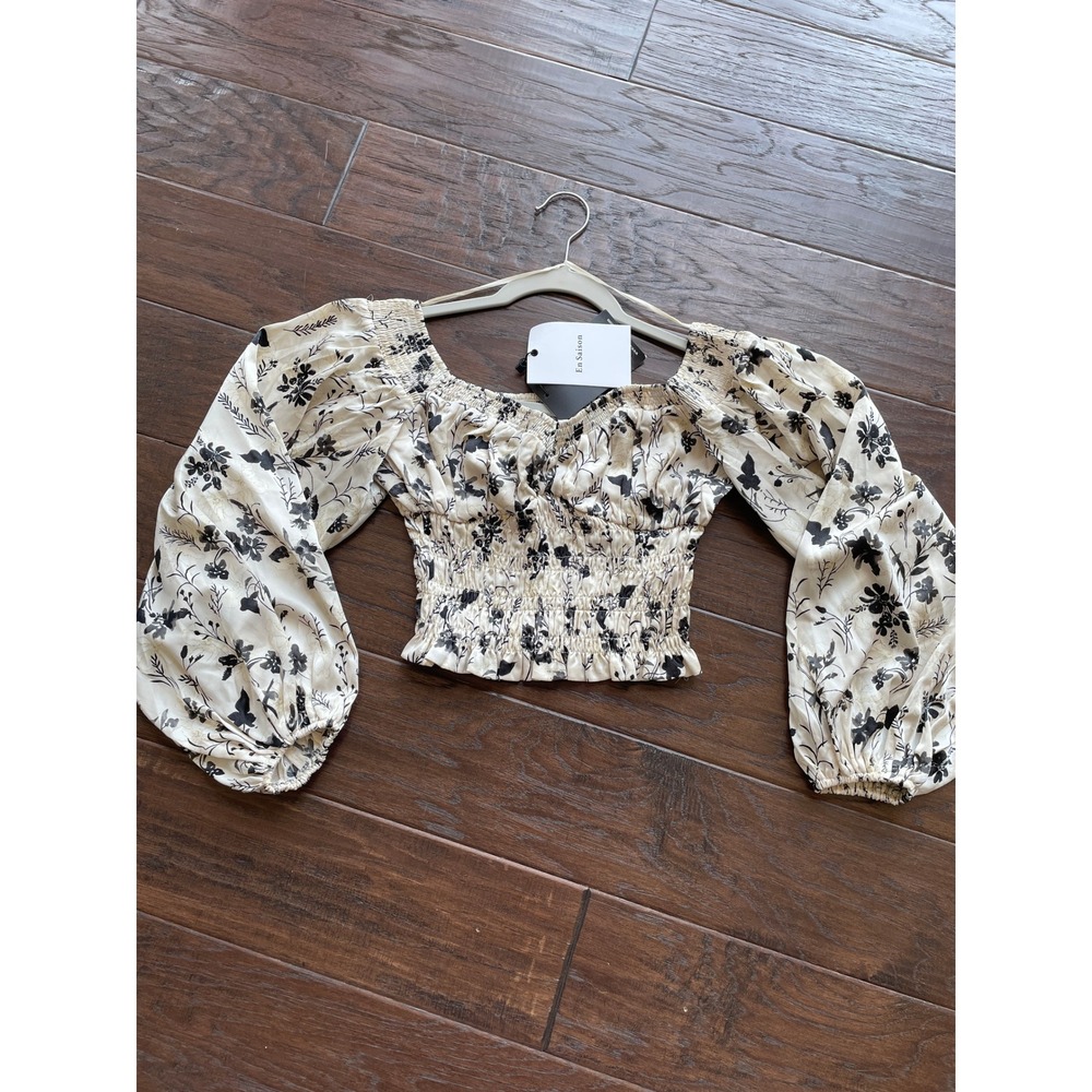 En Saison Floral Smocked Top Women's XS Cream Black Puff Sleeve Cottagecore NWT - Picture 2 of 7